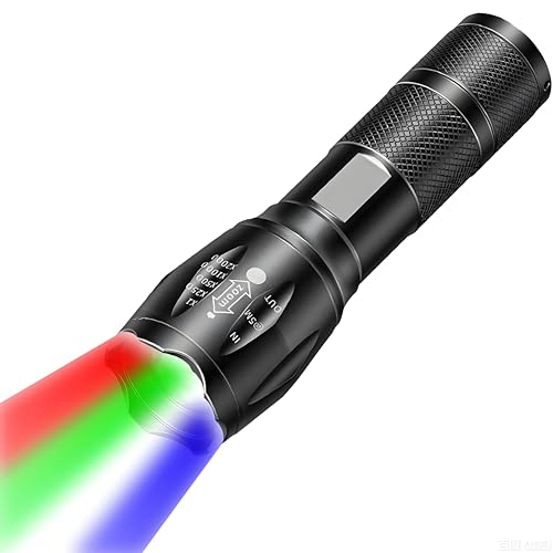 MVIOCS Linterna recargable roja 4 en 1, linterna LED multicolor (blanco/rojo/azul/verde) con 4 modos, linterna con zoom de lúmenes altos para camping, observación, emergencia y aventuras al aire libre