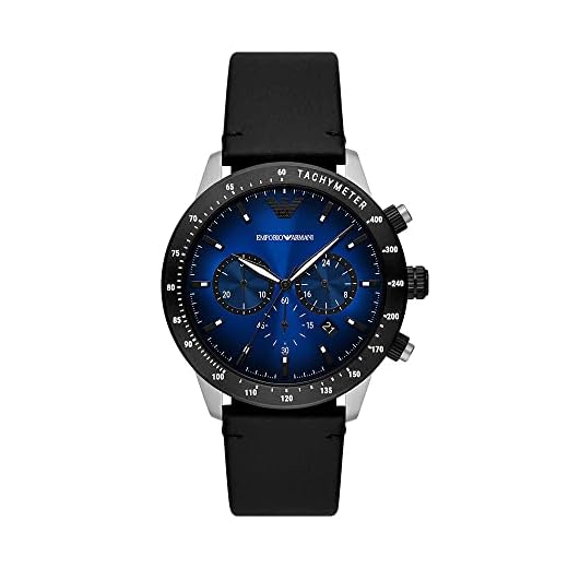 Emporio Armani Reloj Hombre, Movimiento cronógrafo, 43MM Caja de acero inoxidable plateado con correa de piel, AR11522, Negro y azul
