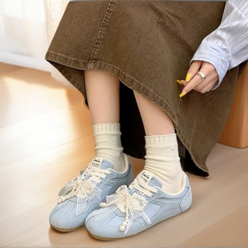 Women Cute Sneakers, Lace Bow Pearl Charm Ballet Aesthetic Retro Trainers Students Girls Comfy Casual Shoes Lace-Up Platform4