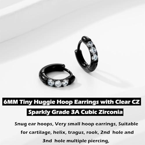 Image of Hypoallergenic Unisex Surgical Steel Small Cubic Zirconia Huggie Hoop Earring, Color Gold - Silver - Rose Gold - Black - Rainbow, Size 6mm- 12mm Safe for Sensitive Ear