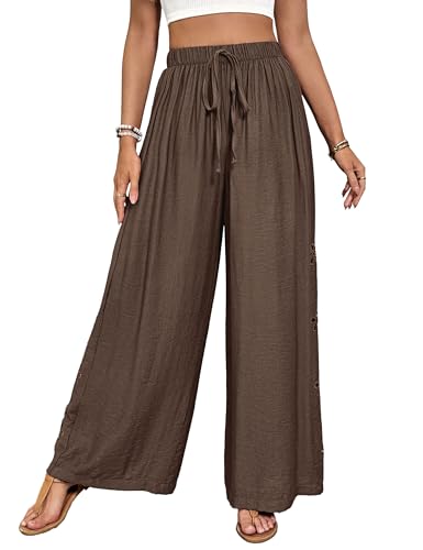 Lounge Pants Women Cotton High Waist Trousers Wide Leg Stretchy Sweatpants Casual Summer Comfy Pants Brown M