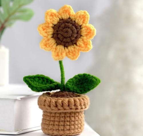 Image of Artificial Crochet Flower Bouquet Handmade Cotton Flowers Bunch for Home Decor, Gift for Girls, Wedding, Festival Decoration, Long Lasting Floral Arrangement (Sunflower Crochet Pot)