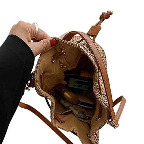 Image of Women Straw Drawstring Bucket Purse Small Tote Shoulder Handbag Hollow Out Cross-body Bag for Summer,Beach | Straw