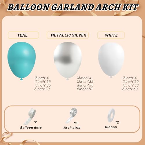 Image of 412Pcs Teal Silver White Balloon Garland Arch Kit, 18 12 10 5 Inch Different Size White Metallic Silver Teal Balloons Balloons,for Birthday Party Graduation Baby Shower Wedding Holiday Decoration