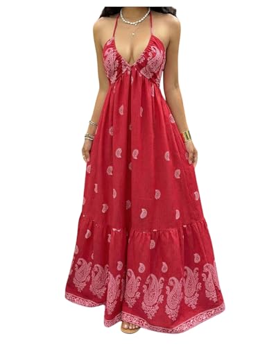 OYOANGLE Women's Summer Boho Maxi Dress Flowy Halter Dresses Sundress