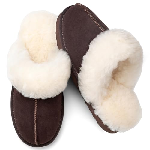 Parfeying Women's Shearling Slippers Genuine Leather with Rubber Sole, Sheepskin Fuzzy Indoor Outdoor Shoes for Home,L21605 CAFE 8US