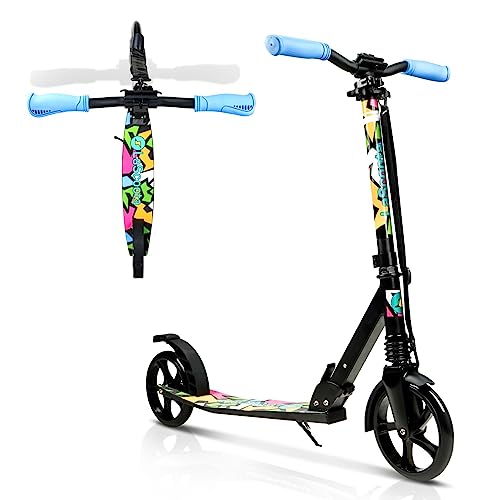 LaScoota Foldable Adult Scooter - Also Great as a Scooter for Kids Ages 8-12 & Teenagers 11-15 - Big 200mm Wheels - Kick Scooters With Shock Absorption - Great Gift - Up to 105kg (Graphic Retro)