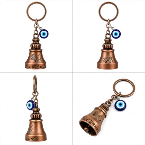 Image of Copper Evil Eye Guardian Bell Keychain, Metal Good Luck Charm with Nazar Design, for Bike & Car