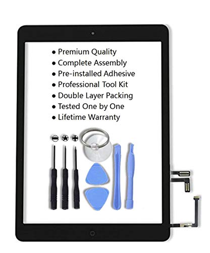 for iPad Air 1st iPad 5 Model A1474 A1475 Black Digitizer Replacement Glass Replacement Screen Replacement Includes Home Button Camera Holder Pre Installed Adhesive Stickers and Professional Tool Kit