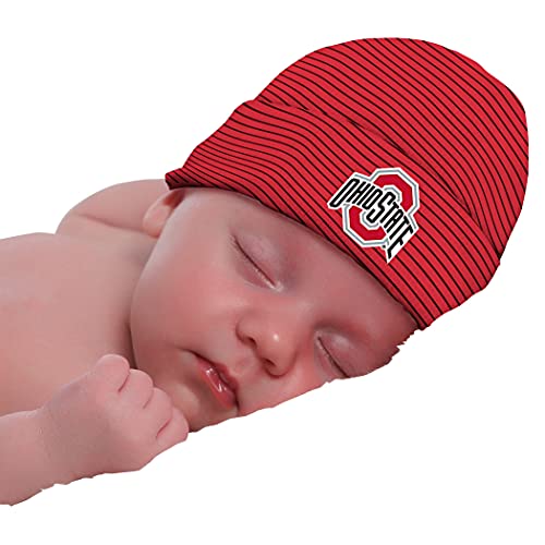 Two Feet Ahead Ohio State Buckeyes Striped Baby Hat for Boys and Girls-Softly Knitted Infant Baby Beanie (Ohio State Buckeyes Striped) Red