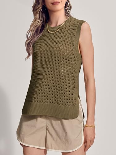 Image of SuperPrity Women's Sweater Vest Sleeveless Crochet Sheer Knit Sweater Tank Casual See Through Crewneck Sweater