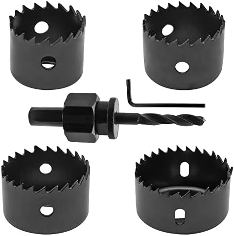 Aracombie 4PCS 1-1/4 Inch to 2-1/8 Inch Hole Saw Kit for Wood, 1.2 Inch Cutting Depth Hole Cutter Drill Bit with Mandrel, Round Hole Saw Set for Cornhole Boards Plastic Drywall Soft Metal (Black)