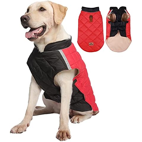 Oslueidy Dog Winter Coat Warm Jacket, Pet Dog Cat Windproof Clothes Vest Snowsuit Outfit With Harness Hole For Small Medium Large Dogs (L, Red) Cover