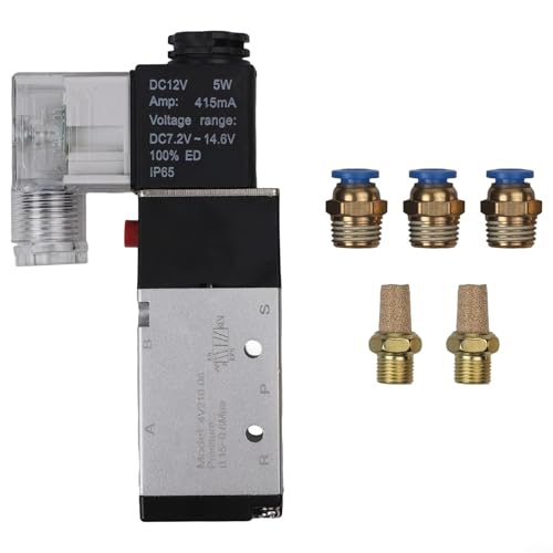 Oniissy 4V210-08 DC 12 V Magnetventil Pneumatikventil, 5 Anschlüsse, 2 Positionen, mit Metallkörper und ABS-Anschluss für industrielle Hydrauliksysteme