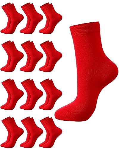 Toulite 12 Pairs Red Crew Socks for Men Women Quarter Crew Dress Socks for Christmas New Year Gift, Men 6-10, Women 7-11