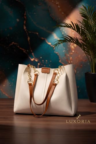 Image of GALAXY FASHION POINT Luxury Women's Handbag Tote - Premium PU Leather Shoulder Bag with Chain Strap, Spacious Stylish Office & Casual Use Purse (Beige & Brown)