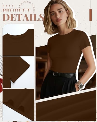 Image of Evervibe Women Built-in Bra Short Sleeve Shirts Crewneck T-Shirt Slim Fit Going Out Tops Casual Summer Basic Tees