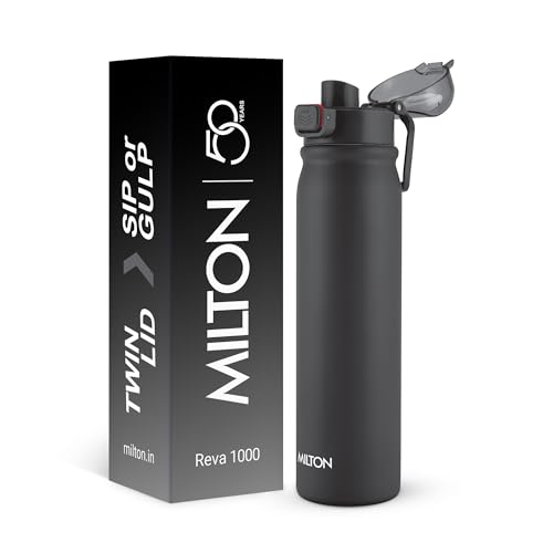 Image of MILTON Reva 1000 ISI Certified Stainless Steel Water Bottle with Twin Lid Sip or Gulp, 1 Litre | Single Wall, BPA-Free, Leakproof | Sturdy Handle | Ideal for Home, Office, Gym & Travel, Black