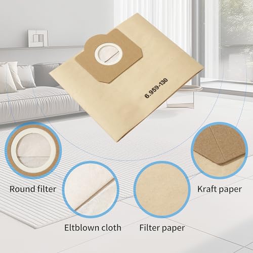 20 Staubsaugerbeutel, kompatibel mit WD3 1629 MV3 A2201/2204/2554/2604, für Kärcher 6.959-130.0 Staubsaugerfilterbeutel Papierbeutel, Hocheffizienter Staubbeutel