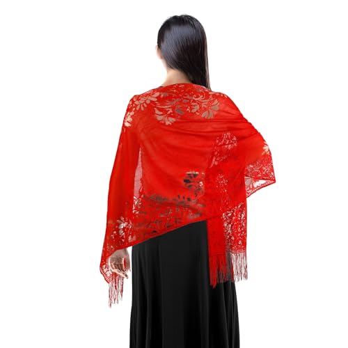 loacuony Xale mulher festa, Xale de festa – Xales de renda com borlas, malha macia e estilo Pashmina, xaile elegante para casamento, noite e eventos especiais, Vermelho, Tamanho único