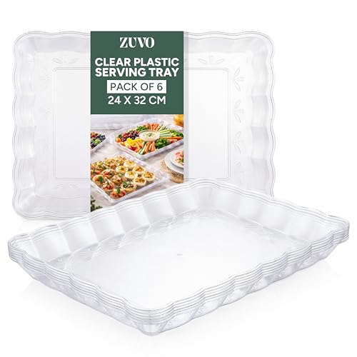 Zuvo Reusable Plastic Serving Trays for Party Food & Buffet Tables | Pack of 6 (32x24 cm) | Clear Food Serving Platters for BBQ Picnics Catering Snacks Cakes Sandwich & Buffet Tray