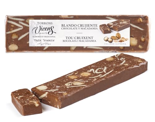 Turrón Blando Crujiente con Chocolate y Macadamia 300g Torrons Vicens - Turrón navideño - La fusión de la macadamia con el chocolate - Dulce de navidad de Calidad Suprema - Tradición e Innovación