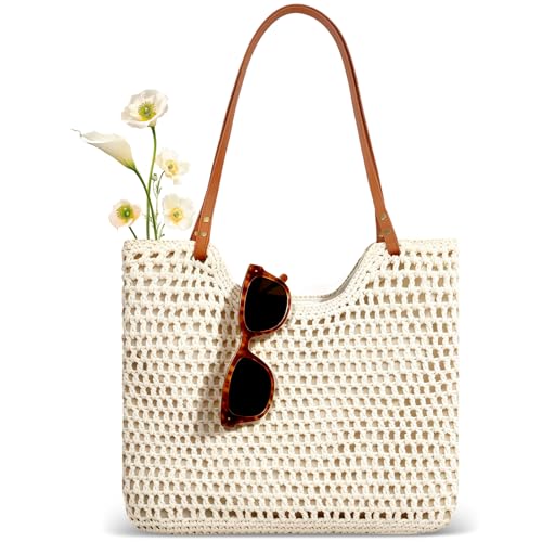 Bolso de playa grande de crochet con correa de cuero miniatura 1