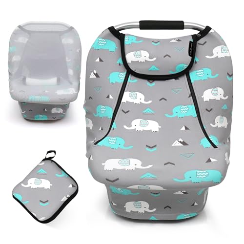 Image of ACRABROS Car Seat Covers for Babies,All Season Infant Carseat Cover Canopy for Boys and Girls,Stretchy Adjustable Peeping Window with Mesh Cover,Warm Breathable Universal, Baby Elephant