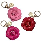 CIBBALIY Purse Charms 2.56' PU Leather Bag Decor with Coin Detail Cute Camellia Designer Bag Keychains for Handbags 3 Pack (Red)