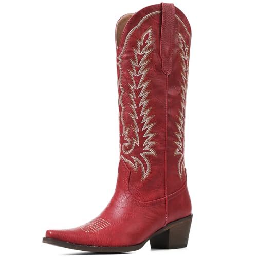Tscoyuki Cowboy Red Boots for Women: Embroidered Western Knee High Boots Women - Pointed Toe Chunky Heel Cowgirl Tall Boots, Size 8