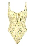 seamoly Gingham Lemon Print Drawstring Tied Front One-Piece Swimsuit, Yellow, XS