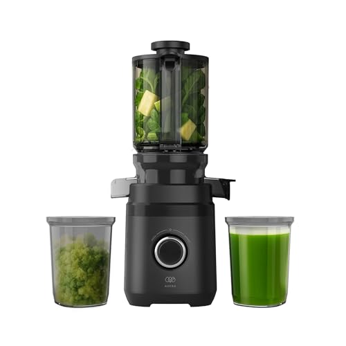 AVERA Extractor de jugos prensado en frío 150W, sistema de reversa, tubo de alimentación 11cm frutas y verduras enteras, 2 vasos jugo 726ml y residuos 836ml, tipo licuadora masticación lenta | EJ01