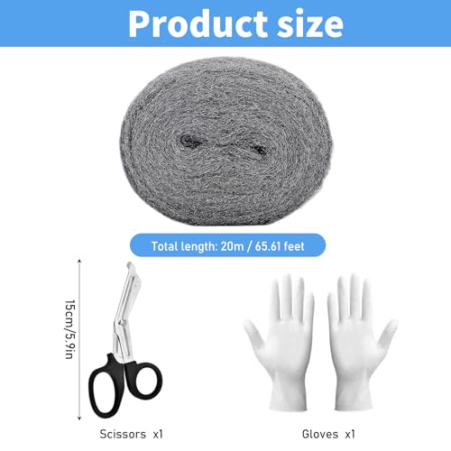 QINGYIWL Stahlwolle 0000, 20m Stahlwolle Gegen Mäuse mit Handschuhe und Schere, Mäuseabwehr für Löcher und Wand Risse, Reinigen und Polieren