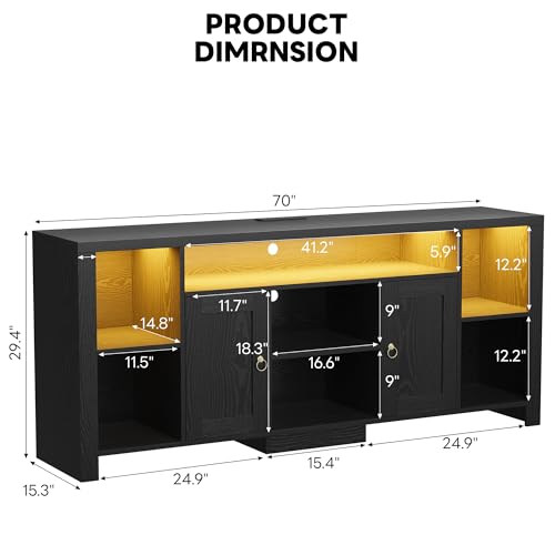 LIKIMIO TV Stand for TVs 80 inch with LED Lights & Power Outlet, Entertainment Center with Cabinets, Adjustable Shelves and Open Shelves, Modern Media TV Console Living Room, Black - Thumbnail 2