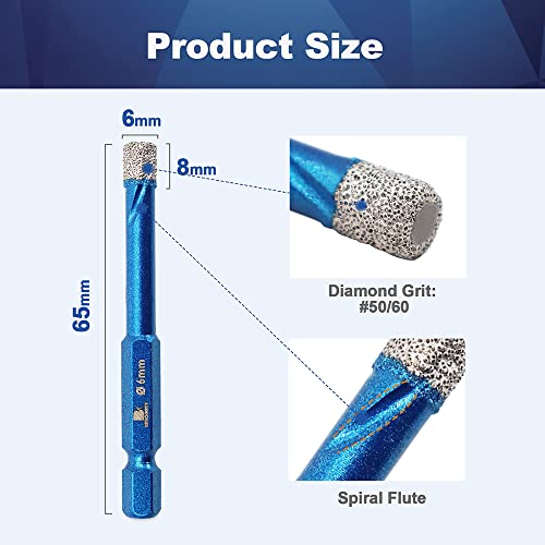 Diamond Drill Bit 6mm,BRSCHNITT 3pcs/pack 1/4 Inch Diamond Hole Saw Drill Bit for Porcelain Tile Ceramic Stone Granite Marble,Hex Shank Dry Drilling Diamond Core Drill Bit Set - Image 2