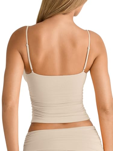 Image of PINKMSTYLE Women's Sexy V Neck Ruched Cami Top Sleeveless Spaghetti Double Layer Fitted Crop Tank Tops