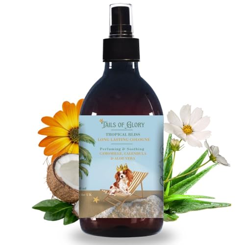 Tails of Glory Colonia para Perros   Tropical Bliss 100% Natural Perfume Perro Calmante Vegano con Manzanilla, Caléndula y Aloe Vera – Spray Desodorante Perro – Fabricado en Reino Unido  300ml