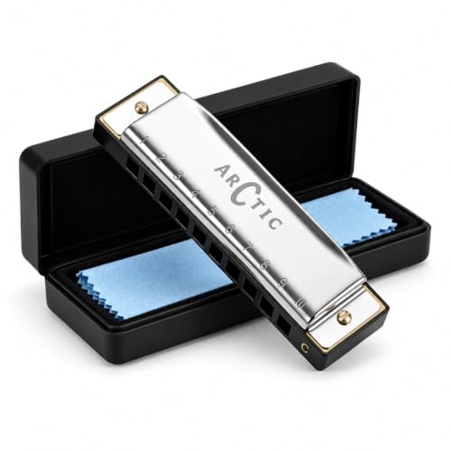 Image of ARCTIC C Key 10-Hole 20-Tone Diatonic Harmonica With Case & Cloth - Silver | Excellent Airtightness, Smooth Airflow, Clear Bright Tone, ABS Comb, Brass Reeds