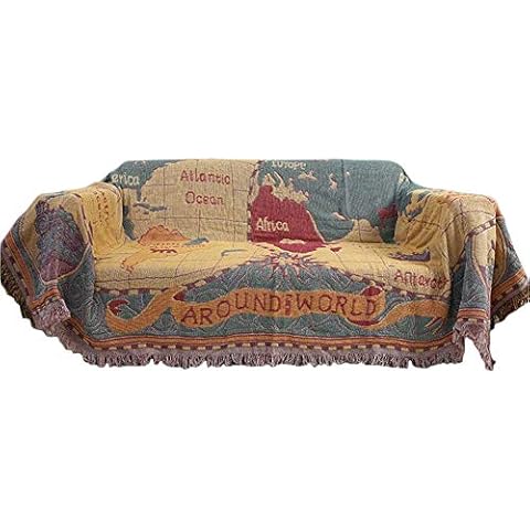 MayNest World Map Throw Blanket Reversible Hippie Bohemian Vintage Yellow Red Knitted Large Fringed Cotton Woven Tapestry Colorful Boho Fantasy Rug Sofa Loveseat Chair Recliner Couch Cover (L: 71x91) Cover
