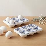 Ferrochef 2 Pcs Ceramic Egg Tray 6 Cups Chinoiserie Easter Eggs Holder Blue and White Porcelain Kitchen Counter Table Fridge Storage Accessory Blue Floral Spring Decoration for Housewarming Gift