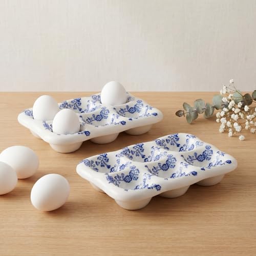 Ferrochef 2 Pcs Ceramic Egg Tray 6 Cups Chinoiserie Eggs Holder Blue and White Porcelain Kitchen Counter Table Fridge Storage Accessory Blue Floral Spring Decoration for Housewarming Gift