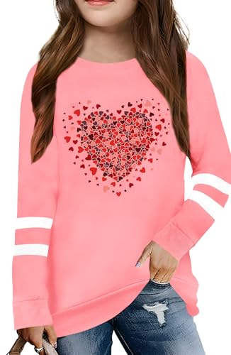 Image of LAZYCHILD Kids Valentine Shirt Girls Valentines Day Shirts Heart Graphic Long Sleeve Striped Tee Tops 5-14 Years