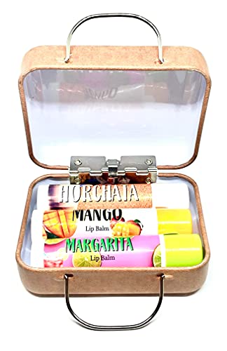 Lickerlips Mexico Flavors Lip Balm Pack | Horchata Mango Margarita Flavors | Beeswax Mango Cocoa Butter Jojoba Hempseed Oils Vitamin E | 3 tubes (4 grams each) in retro Suitcase