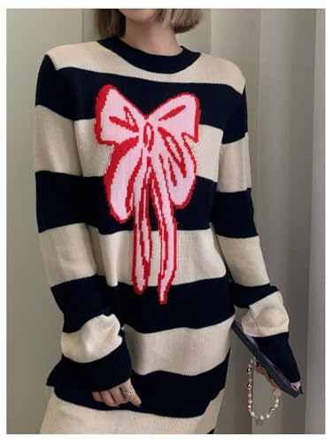 Image of MakeMeChic Women's Y2k Bow Sweaters Striped Crew Neck Long Sleeve Knit Oversized Sweater Pullover Top Black Large