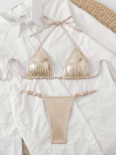 Women's Metallic Triangle Halter Bikini Sets Shiny Tie Back Pearl String Two Piece Swimsuit Bathing Suit Set2