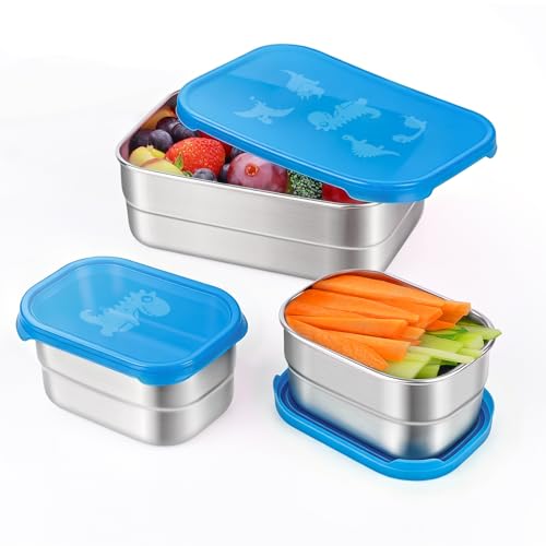 Image of Tanjiae 3 CUP+1 CUP Stainless Steel Lunch Snack Containers Set | Leak Proof 304 Stainless Steel Food Containers with Silicone Lids - Perfect Metal Lunch Box for Home and Travel (25oz+8oz*2)