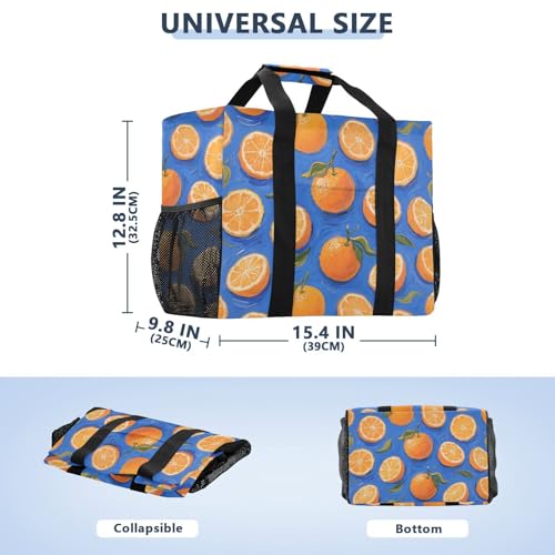 Orange Fruit Blue Art Painting Utility Bag For Trunk Foldable Sandproof Canvas Beach Bags3