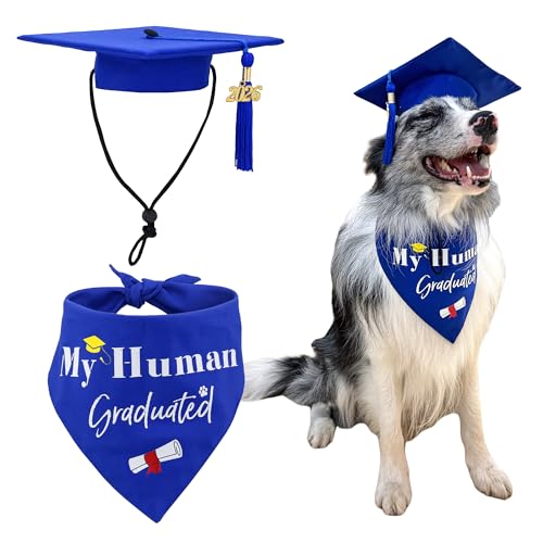 Graduatepro 2026 Dog Graduation Cap and Gown Set with “My Human Graduated” Bandana, Adjustable Cap for Medium Large Dogs, Graduation Outfit Photo Props (Royal)