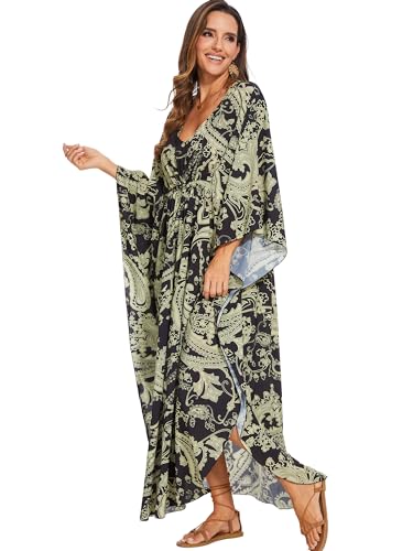 Image of Moss Rose Kaftan Dresses for Women V Neck Summer Swimsuit Cover up Caftan Maxi Beach Dresses