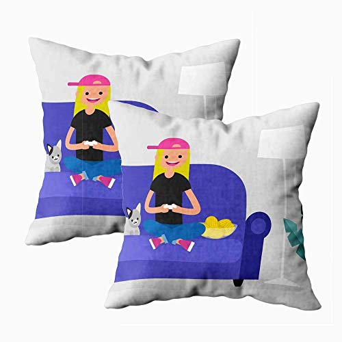 Fundas de almohada, fundas de almohada divertidas, tamaño estándar, personaje femenino joven, jugando videojuegos, imágenes prediseñadas editables planas, hogar, dormitorio, sofá, decoración,